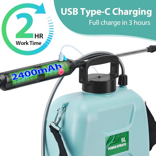 Uniiking® 1.35 Gallon/5L Battery Powered Electric Sprayer with USB Rechargeable Handle, Portable Garden Sprayer with 23.6" Telescopic Wand, 3 Mist Nozzles and Adjustable Shoulder Strap