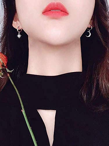 CZ Moon Star Dangle Small Hoop Earrings for Women Girls Sterling Silver Charms Crystal Asymmetrical Snowflake Crescent Drop Mini Cartilage Clip Jewelry Delicate Fashion Birthday Gifts