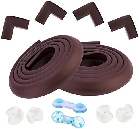 Unlonely Home Safety (2m×2) 16 Ft of Table Edge Cushion with 4 Child Proof L-shaped Corner Bumpers and 4 Ball shape Clear Furniture Corner Guards Plus 2 Toddler Safety Locks For Home Safety (Brown)