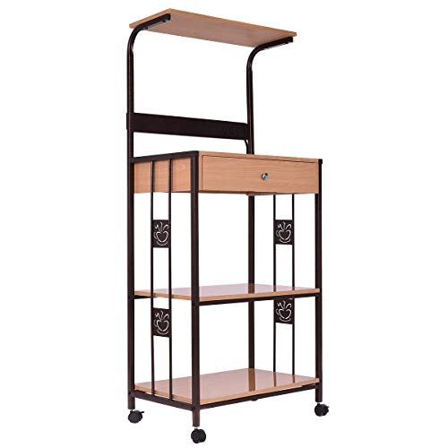 WATERJOY Bakers Rack Microwave Cart, Supreme 3-Tier Rolling Kitchen Microwave Oven Stand Storage Cart | Power Strip | Brown Metal Frame