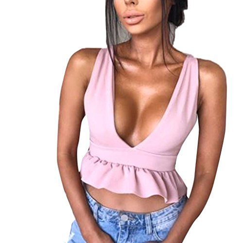 Botrong Women Deep V-Neck Ladies Sexy Casual Sleeveless Crop Top Shirt Blouse (L, Pink)