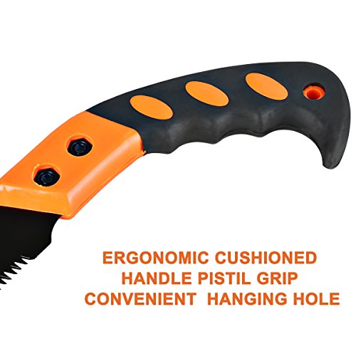 Pruning Saw with Sheath, VECOO Heavy Duty Gardening Saw 15.7 Inch Curved Blade Hand Saw Comfort Handle with Saw Blade Enclosure - Perfect for Trimming Trees,Plants,Shrubs,and More - Yellow Handle