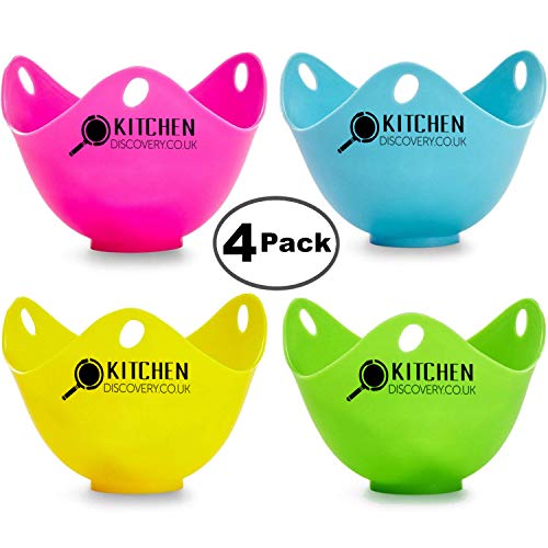 Egg Poacher Cups For Cooking Perfect Poached Eggs (4 Pack) By KITCHEN DISCOVERY - PREMIUM Grade LFGB Silicone Egg Poacher, BPA-Free 4 Multi Coloured Poached Egg Pods, Egg Poacher Pan, Egg Cooker, Poached Egg Maker Set, Microwave Egg Poacher