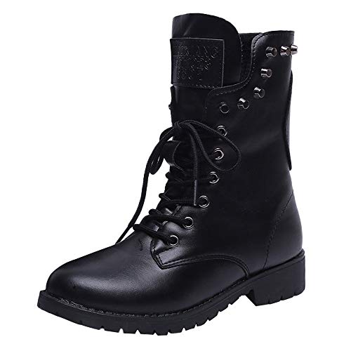 Hunzed Womenã€Leather Round Toe Lace-Up Bootsã€‘Women Military Knit Ankle Cuff Low Heel Combat Boots (5.5 M US, Black)