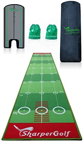 SharperGolf 10′ x 20″ Premium Indoor Putting Mat with Putting Mirror Carry Bag and Accessories Golf Putting Green Mat Indoor System