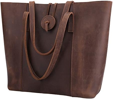 Vintage Genuine Crazy Horse Leather Tote Shoulder Bag Purse with Back Zipper Pocket
