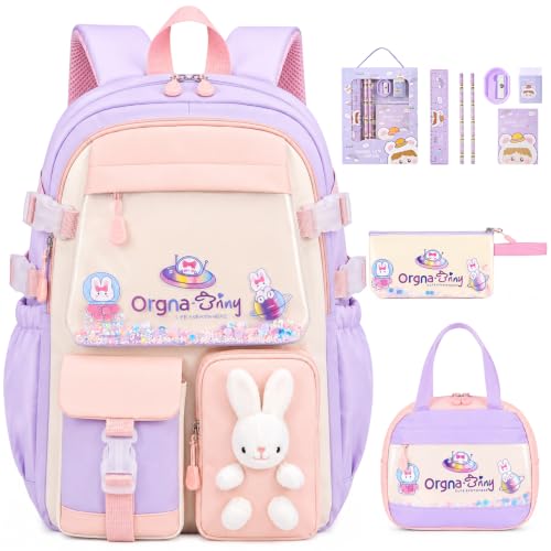 Nasjac Mochilas Escolares para Niñas de Primaria con Bolsa Térmica y Estuche, Mochila Escolar Infantil Gran Capacidad, Simpático conejito, Mochilas Multifuncional Informal Para Viajes, Escuela