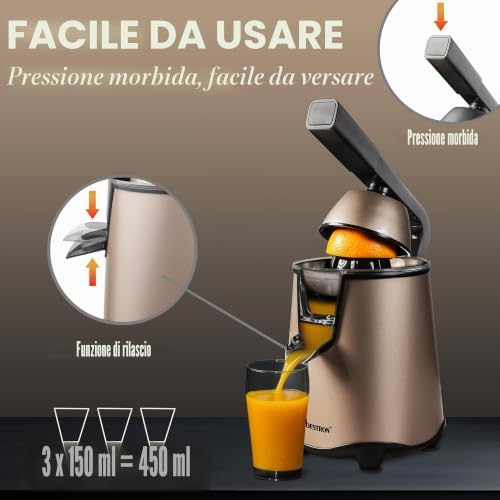 Spremiagrumi elettrico, spremiagrumi con funzione di arresto e filtro polpa in acciaio inox, con 2 coni, capacità 450 ml, leva soft pressa per un facile utilizzo, colore: beige