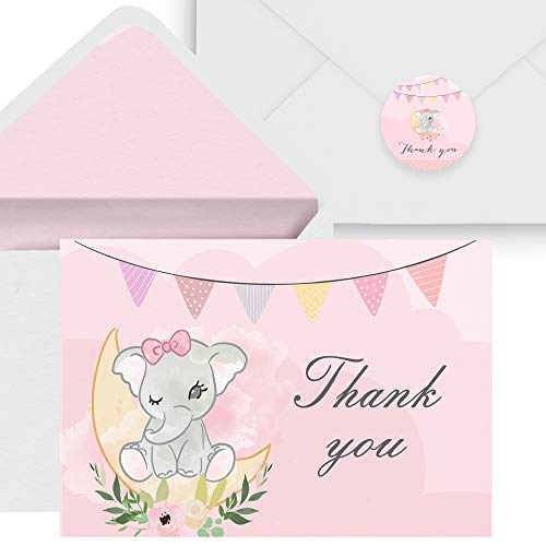 Thank You Baby Shower Card for Girls – UV Emboss Matt Finish. 24 Pack Pink Elephant Baby Girl Cards. Girl Sprinkle Thank…