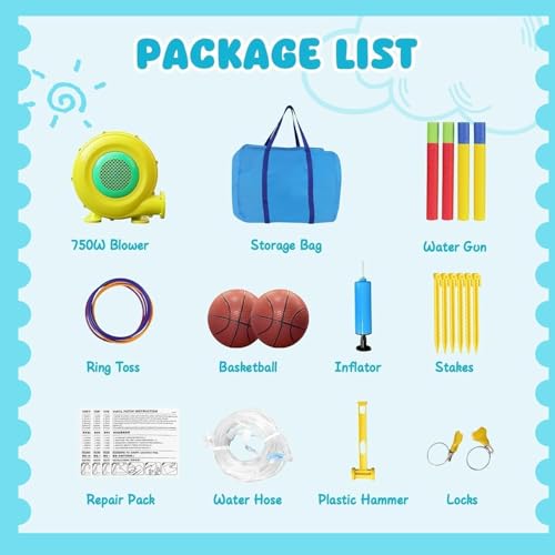 FINCOME Inflatable Water Slide, Bounce House with 2 Slide for Kids, Inflatable Waterslide Park with Splash Pool, Basketball Hoop, Ball Shooting & Water Cannon for Backyard, Outdoor, Indoor