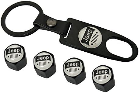 Carmesis Design Combo Set with Stainless Steel White Logo Tire Stem Valve Caps and White Logo Keychain For 4X4 Wheel Jeep Adventure Enthusiast Lover