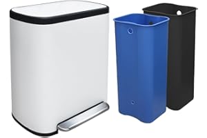 JM ·YIPENG 16 Gallon Dual Trash Can, Kitchen Recycling Bins with 2 x 8 Gallon Compartments, 2 Plastic Removable Liners, Soft-Close Lid, Stainless Steel Step Trash Can, White