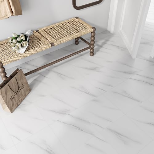 VEELIKE Waterproof Self-Adhesive Vinyl Floor Tiles Modern White Marble Effect Easy Install Peel and Stick Floor Tiles Durable PVC Flooring for Kitchen Bedroom Living Room Commercial 11.8"x11.8" 24 Pcs