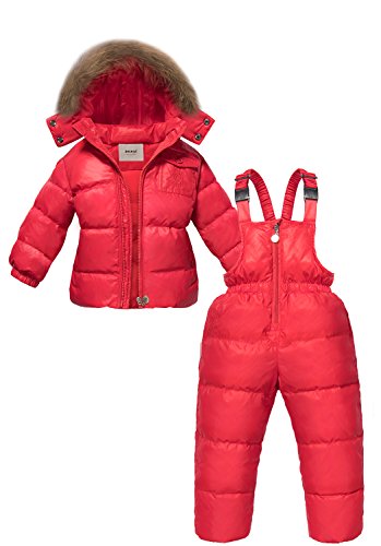 ZOEREA 2 Piece Unisex Kids Girls Snowsuit Hooded Puffer Jacket Snow Pants Red, Label XL/Age 3-4T
