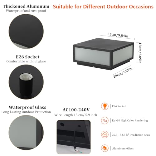 SLAWA Outdoor Post Caps Light With Pier Mount Base Column Cap Lamps Black Waterproof Pole Lantern Light Fixture Square Exterior Pillar Lamp Outdoor Lighting Aluminum Landscape Light For Path Lawn Yard