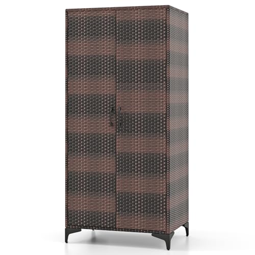 Giantex Wicker Storage Cabinet, 62” Tall Pantry Cabinet with 2 Doors, Hanging R…