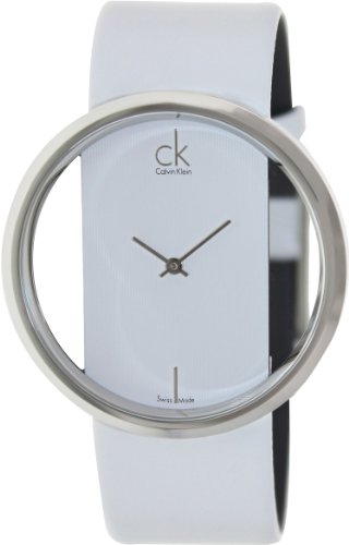 Calvin Klein Quartz, Genuine White Leather Strap with Crystal Clear Dial - Women's Watch K9423101