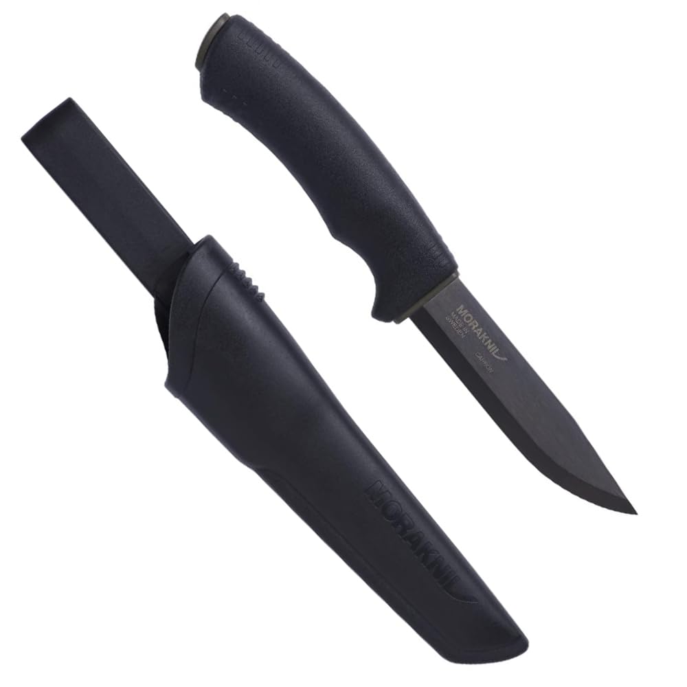 Morakniv Cuchillo Bushcraft de hoja fija de acero al carbono con funda, negro, 4,3 pulgadas