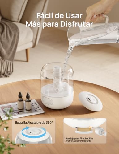 DREO Humidifier Babies 3L 26dB Silent with Humidity Sensor, Ultrasonic Cold Mist, 30h Autonomy, 360° Nozzle, Ambient Light, Essential Oil Diffuser, White