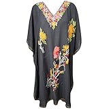 Mogul Interior Women Black Short Caftan Cover up Beachwear Bikini Swimsuit Swimwear Evening Dresses One Size