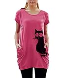 Allegra K Women's Round Neck Short Sleeve Cat Prints Loose Tunic Top L Fuchsia