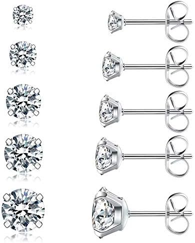 5 Pairs Stud Earrings Set, Hypoallergenic Cubic Zirconia 316L Earrings Stainless Steel CZ Earrings 3-8mm, Rose Gold …