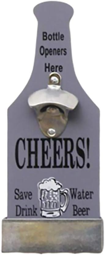 Wall Mount Bottle Opener Unique Vintage Wood Beer Opening Tool Decoration with Cap Catcher Box for Restaurant Home (Light Grey)
