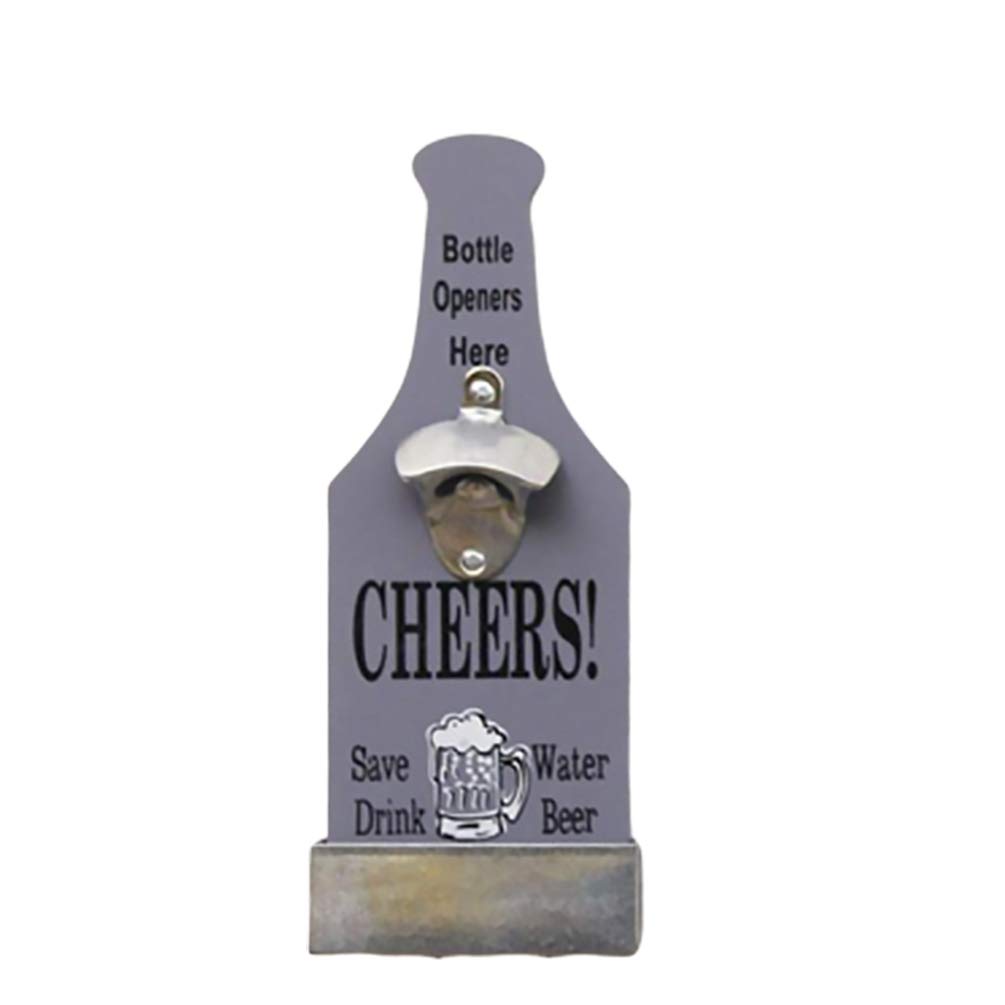 Wall Mount Bottle Opener Unique Vintage Wood Beer Opening Tool Decoration with Cap Catcher Box for Restaurant Home (Light Grey)
