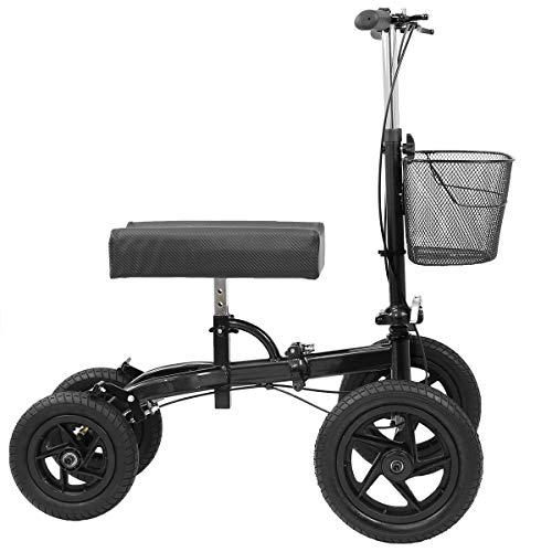 Clevr Quad All Terrain Foldable Medical Steerable Knee Walker Scooter, Black, Walking Aid Roller for Foot Injuries, Height Adjustable Crutch Alternative, Deluxe Brake System & Basket - Thumbnail 4