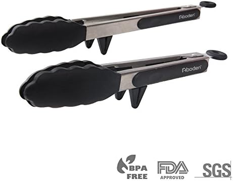 Aboden Silicone Heads Cooking Tongs Set with Side Rests, 9 Inch and 12 Inch, Black