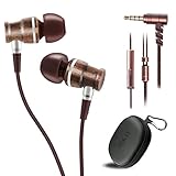 Earbuds, Wood in Ear Headphones, Stereo Bass Noise-isolating Earphones with Microphone and Inline Remote Controller, Carrying Case (Brown)