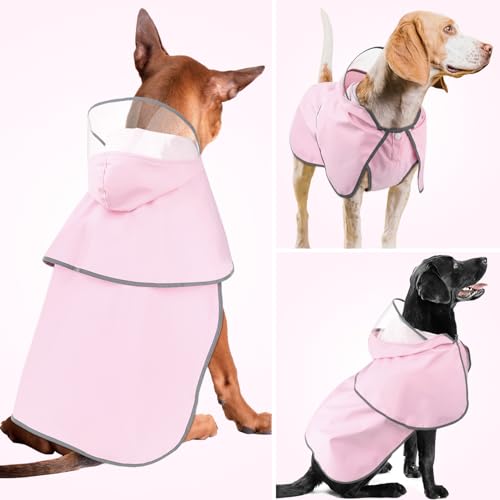 DOMIGLOW Reflective Dog Raincoat - Waterproof Dog Rain Jacket Hooded Poncho Lightweight Dog Rain Coat with Transparent Cap Brim (X-Large, Pink)