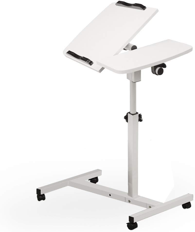 Turnlift Sit-Stand Portable Adjustable Mobile Laptop Computer Desk Multi-Function Home Office Notebook MacBook Tables Cart with Side Table (White)