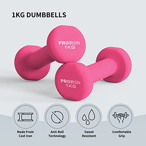 PROIRON Anti-Slip Neoprene Dumbbell Pair 1kg 1.5kg 2kg 3kg 4kg 5kg 6kg 7kg 8kg 10kg and Weights Set (1 kg/2 kg/3 kg Pair with Stand) for Women Men Gym Home Exercise Arm Hand-Macaron Colors
