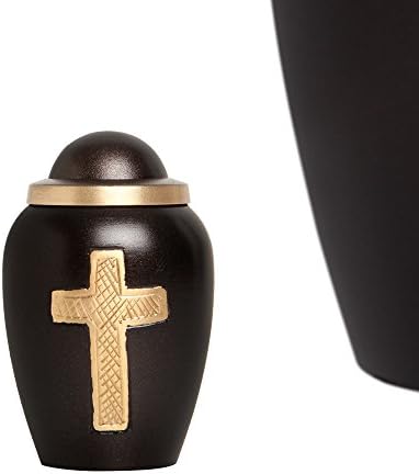 Gold Cross Mini Keepsake Urn Brown Cremation Urn • Miniature Funeral Urn fits Small Amount of Ashes • Parana Model • 2.75 inches Tall
