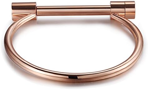 Polished Finish Stainless Steel Flat Head Screw and Shackle Cuff Bangle Bracelet, Rose Gold Tone