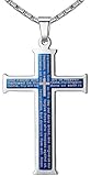 Men's Stainless Steel Lord's Prayer Cross Pendant Necklace, Dark Blue Color, 23