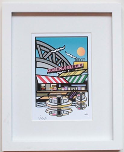 Granville Island, Vancouver BC with Blue Background, original framed art. 8x10inch white frame with mat. Hand signed by the artist. Also available with a yellow background.