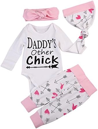 4 Pcs Newborn Baby Girl Letter Print Short/Long Romper Pants Outfits Winter Clothing (Long Sleeve, 0-6 Months)