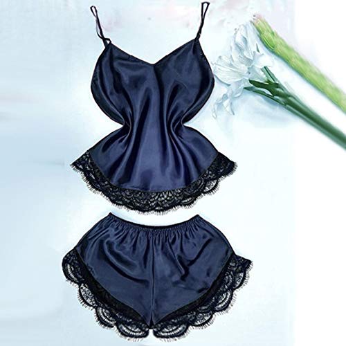 Usstore Women 2PCS Eyelash Lace Sleepwear Pyjamas Sets Sexy Charming Satin Thin Sling&Shorts Babydoll Home Lingerie (XL, Navy)