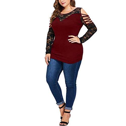 Blouse for Women Plus Size Elegant,SMALLE◕‿◕ Womens Fashion Criss Cross Cold Shoulder Splice Transparent Lace Blouse Wine