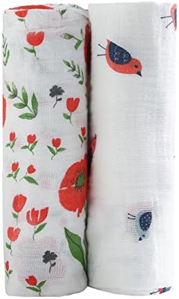 Baby Swaddle Blankets Large Unisex Muslin Swaddling Blanket 47x47 (2 Pack) Floral Swaddle Wrap Nursing Cover & Burping Cloth (Color 2)