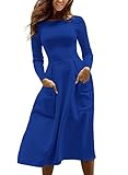 Podlily Women Casual Long Sleeve Solid Skater Flare Swing A Line Midi Dress With Pockets