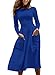 Podlily Women Casual Long Sleeve Solid Skater Flare Swing A Line Midi Dress With Pockets