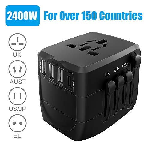Travel Adapter, 2400W International Power Adapter, Universal 1 Smart Type-C & 3 USB All in One Power Plug Adapter for High Power Appliances for UK, EU, AU, US, Over 200 Countries, Black