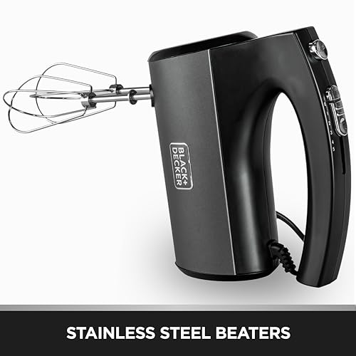 BLACK+DECKER 300W Hand Mixer - 5-Speed with Turbo, Premium Metallic Finish, Stainless Steel Beaters & Dough Hooks, Ergonomic Grip, Easy Eject, Dishwasher Safe | SSMH325-B5