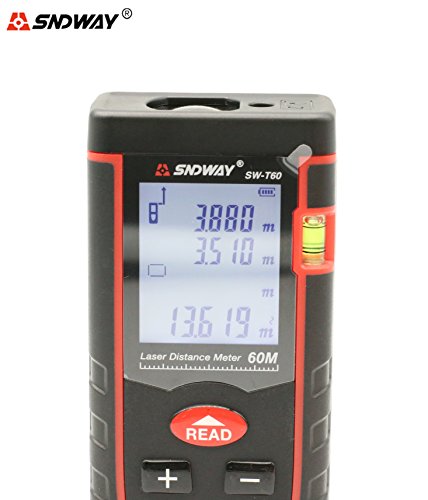 SNDWAY SW-T60 60M 197FT Laser Distance Meter Digital Diastmeter Laser Range Finder Meter Area Volume Measure Tool with LCD 4 Line Display