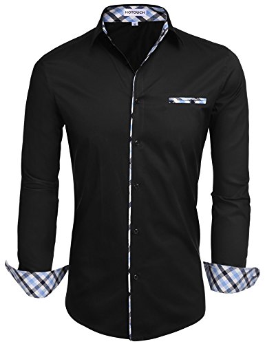 HOTOUCH Men's Dress Shirt Long Sleeve Button Up Shirts Black L