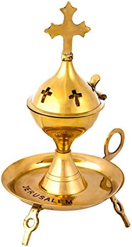 Authentic brass copper Jerusalem 7.5 inch holy sepulchre blessed table incense burner and plate, made in Jerusalem