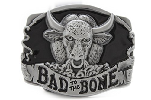 TFJ Men Belt Buckle Western Fashion Metal Bad To The Bones Buffalo Bull Silver